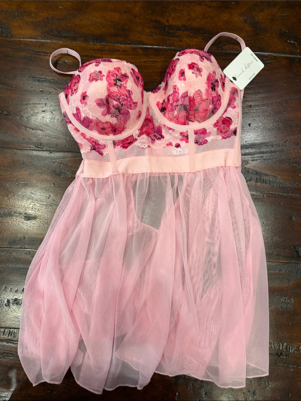Floral Lace Mesh Babydoll Chemise in Pink
